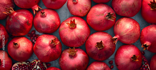 A stack of pomegranates, a seedless fruit, on a table photo