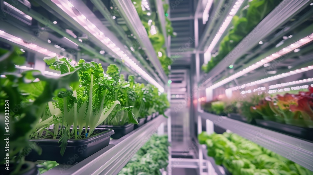 A futuristic vertical farm with stacked trays of veggies under LED lights, maximizing efficiency and conservation. A futuristic vertical farm with stacked trays of veggies under LED lights, maximizing efficiency and conservation.