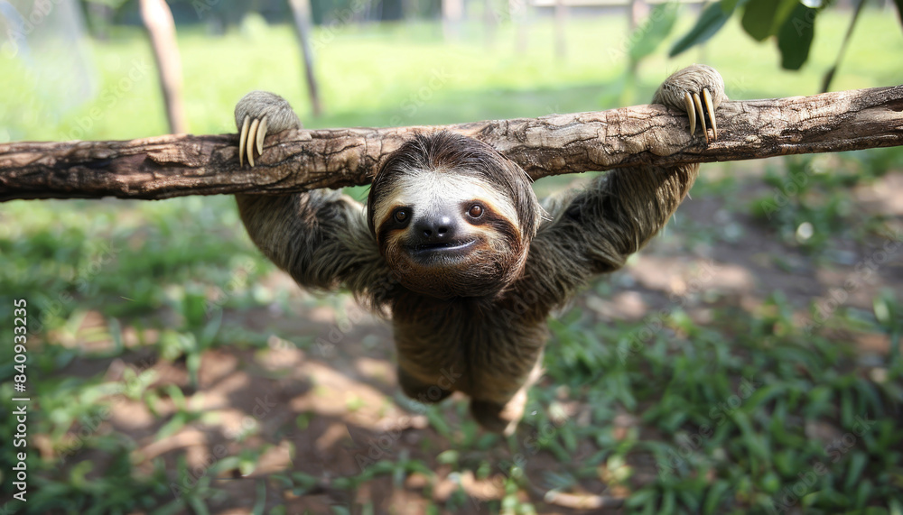 Fototapeta premium Cute sloth hanging from branch in jungle with giraffes and elephants. Concept of wildlife and nature by AI generated image