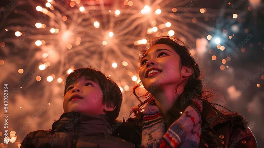 family watching a fireworks display on Chinese New Year Eve family watching a fireworks display on Chinese New Year Eve