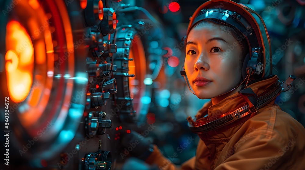 Flight Engineer troubleshooting a fusion reactor onboard a spaceship ensuring the vessel's propulsion systems are fully operational Flight Engineer troubleshooting a fusion reactor onboard a spaceship ensuring the vessel's propulsion systems are fully operational