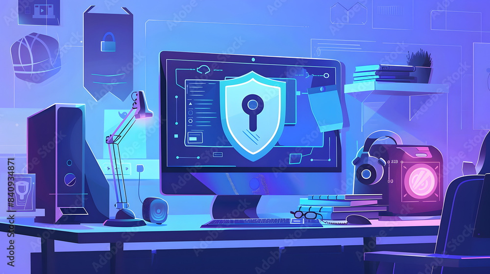 A flat cartoon of a desktop PC shielded by a protection icon symbolizes computer security firewall technology internet privacy safety antivirus software and a secure private network