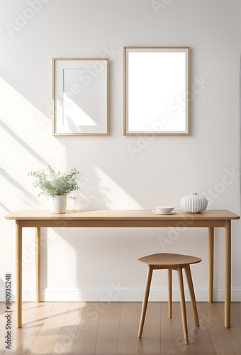 Mock up frame in home interior background  white room with natural wooden table and decor  3d render