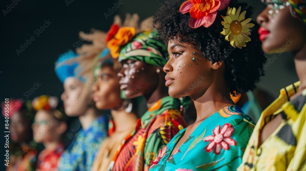 A close-up view of a diverse group of women, all wearing floral headbands and brightly colored outfits, during a fashion show A close-up view of a diverse group of women, all wearing floral headbands and brightly colored outfits, during a fashion show