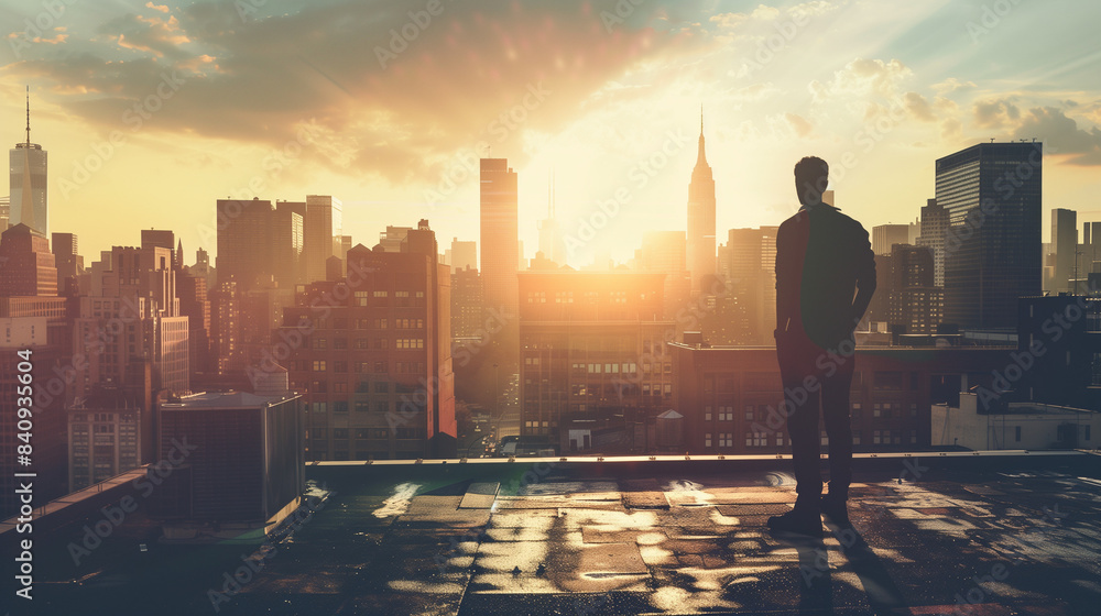 man standing on a rooftop with a city skyline in the background, emphasizing the urban environment and sophistication man standing on a rooftop with a city skyline in the background, emphasizing the urban environment and sophistication