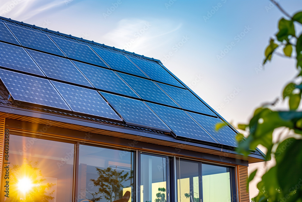 Fototapeta premium Sunlit Modern Home with Solar Panels