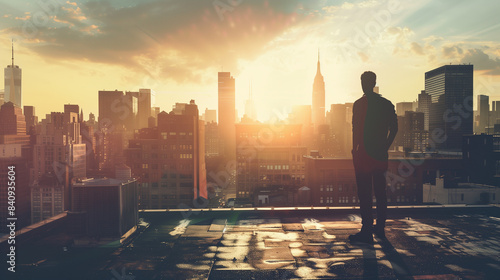 man standing on a rooftop with a city skyline in the background, emphasizing the urban environment and sophistication