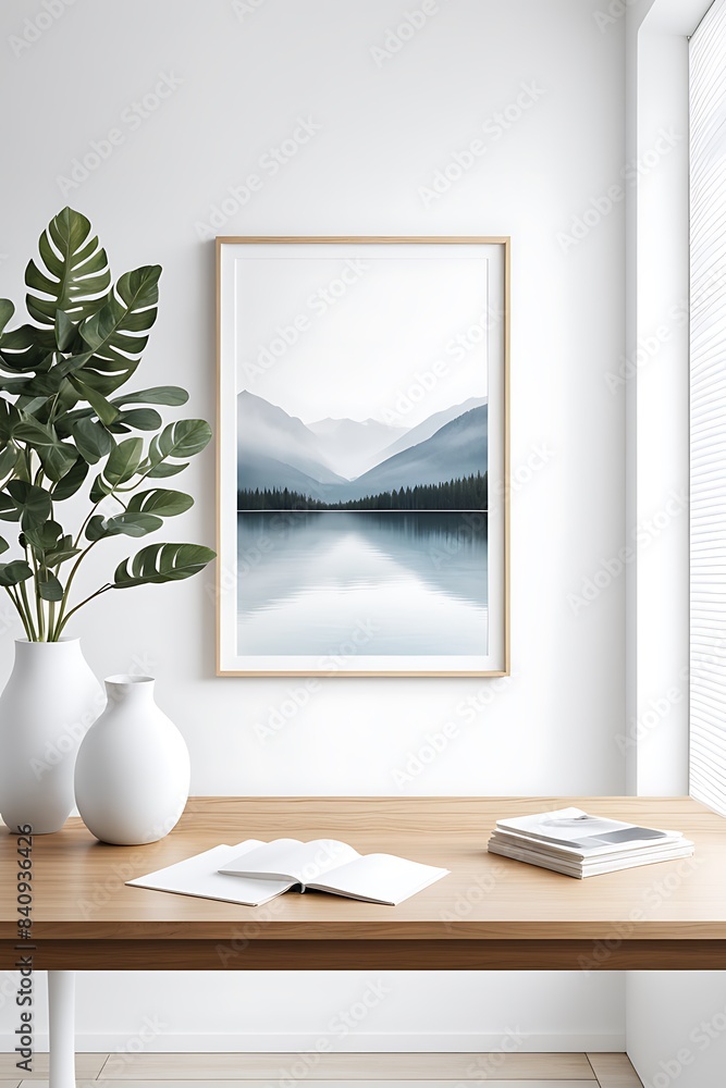Mock up frame in home interior background, white room with natural wooden table and decor, 3d render Mock up frame in home interior background, white room with natural wooden table and decor, 3d render