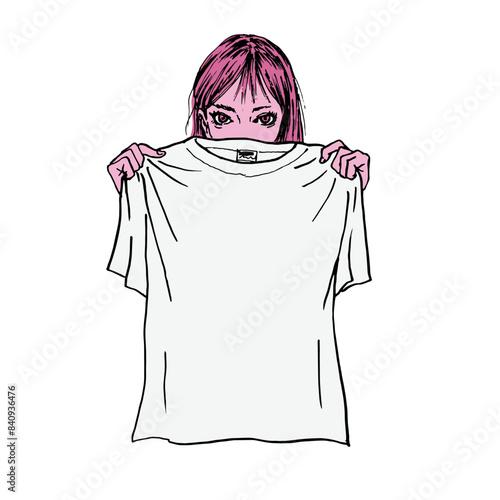 Tシャツを持つ女性、イラスト