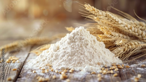 Pile of flour with golden ears of wheat on a rustic wooden table, showcasing freshly sifted ingredients