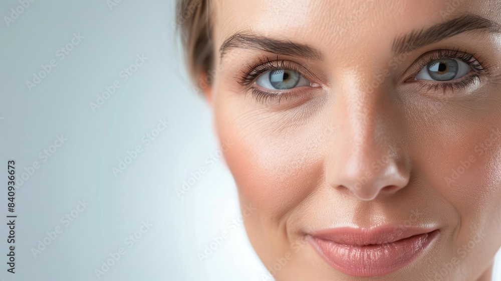 Portrait of a woman showcasing the visible results of using facial anti-aging lift treatments, with smoother, firmer skin Portrait of a woman showcasing the visible results of using facial anti-aging lift treatments, with smoother, firmer skin