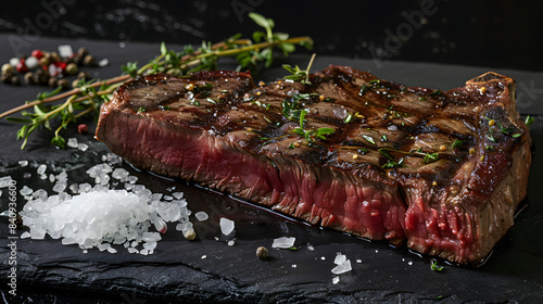 barbecue dry aged chianina porterhouse beef steak with crystal salt and thyme served as close-up on black design board isolated on white background, text area, png photo