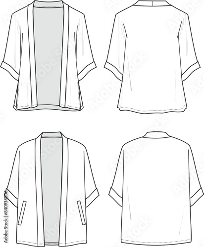 Women's Short-Sleeve Chiffon Kimono Set. Technical fashion illustration. Front and back, white color. CAD mock-up.