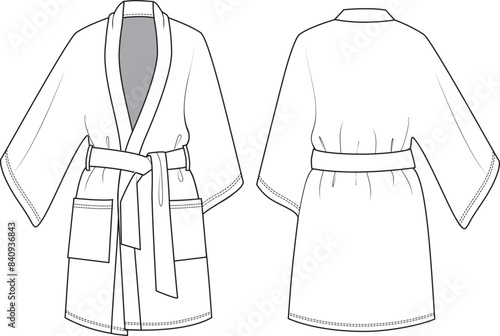Unisex Long Sleeve, Belted Kimono. Technical fashion illustration. Front and back, white color. Unisex CAD mock-up.