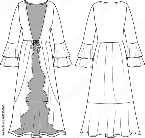 Women's Ruffle Hem Kimono. Technical fashion illustration. Front and back, white color. Women's CAD mock-up.