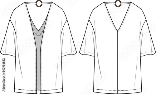 Women's Short Sleeve Kimono. Technical fashion illustration. Front and back, white color. Women's CAD mock-up.