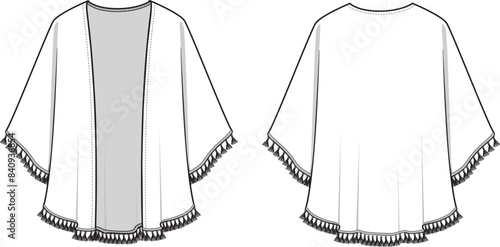 Women's Tassel Edge Kimono. Technical fashion illustration. Front and back, white color. Women's CAD mock-up.