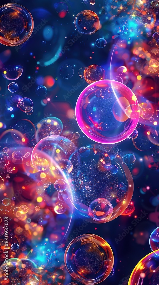 Neon background Kaleidoscope of soap bubbles, spectrum of color and light for celebratory themes and whimsical design projects on dark, flying bubbles Neon background Kaleidoscope of soap bubbles, spectrum of color and light for celebratory themes and whimsical design projects on dark, flying bubbles