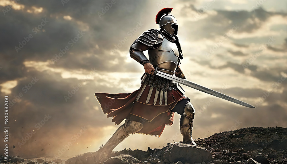 roman warrior in armour and red mantle holding sword, shield in ...