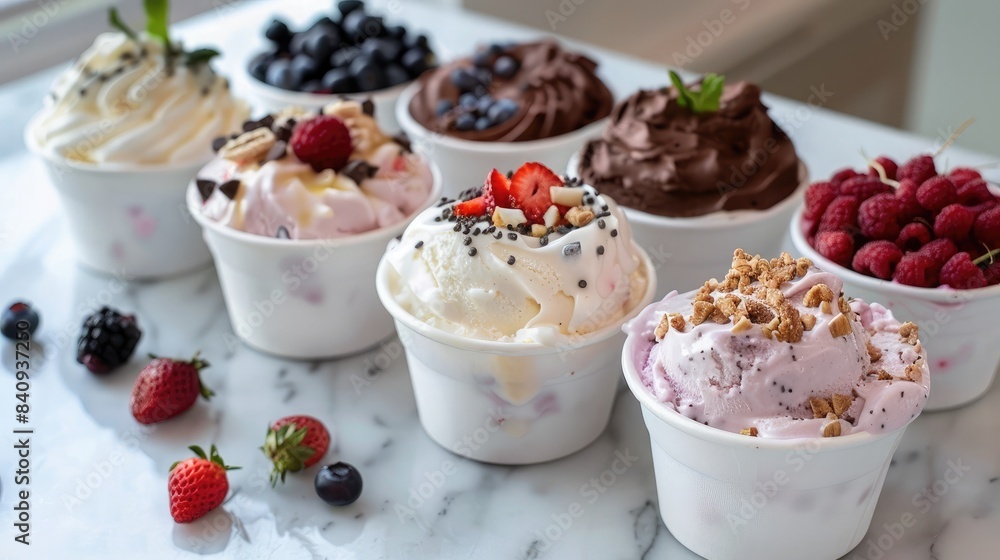 Variety of frozen yogurt cups with different toppings and flavors, set on a marble countertop in a modern kitchen