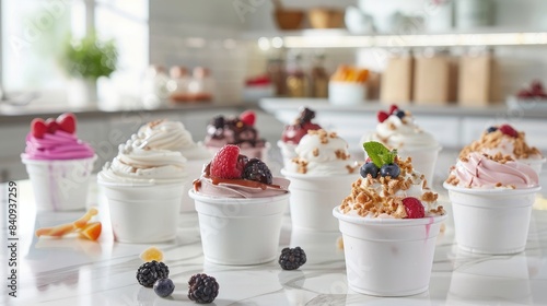 Variety of frozen yogurt cups with different toppings and flavors, set on a marble countertop in a modern kitchen
