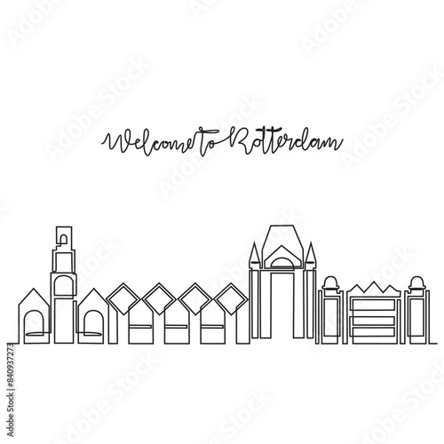 One continuous line drawing of Rotterdam skyline vector illustration. Modern city in Europe in simple linear style vector design concept. One big city in Netherlands. Iconic architectural building.