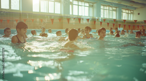 Group of happy kids learning swimming in indoor summer pool. Happy children kids group at swimming pool class learning to swim, happy summer vacation