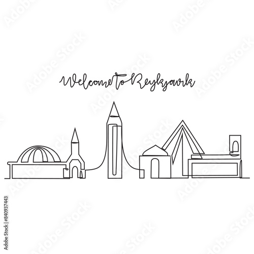 One continuous line drawing of Reykjavik skyline vector illustration. Modern city in Europe in simple linear style vector design concept. One big city in Iceland. Iconic architectural building design