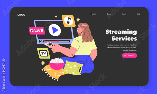 Streaming Services concept Relaxed user curates personal entertainment from live streams to music with a remote in hand Homely digital leisure vibes Vector illustration