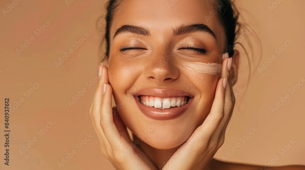 Woman applying facial anti-aging lift serum with a smile, showcasing the benefits of skincare products for a youthful appearance Woman applying facial anti-aging lift serum with a smile, showcasing the benefits of skincare products for a youthful appearance
