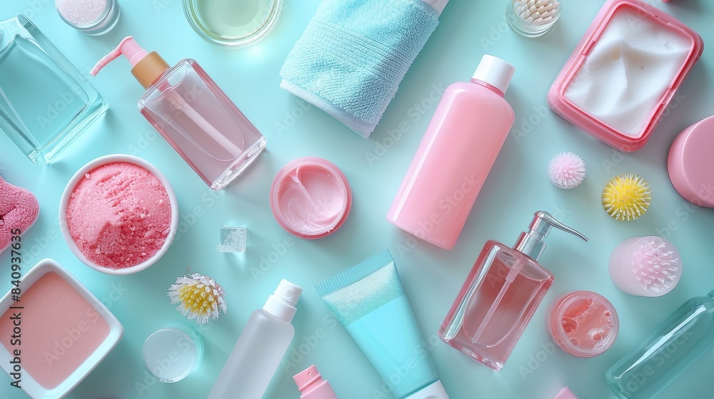 A flat lay of beauty products and accessories, including bottles of lotion, soap, and a small bath towel A flat lay of beauty products and accessories, including bottles of lotion, soap, and a small bath towel