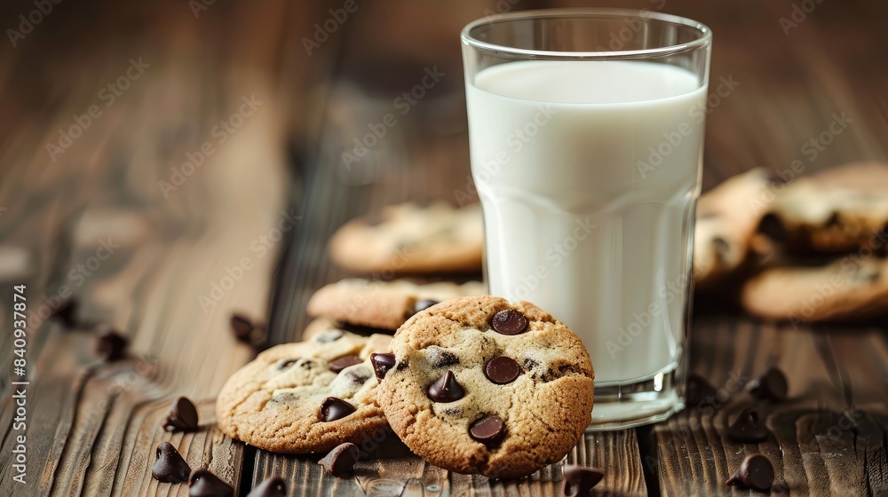 A glass of milk with chocolate chip cookies on a wooden table A glass of milk with chocolate chip cookies on a wooden table