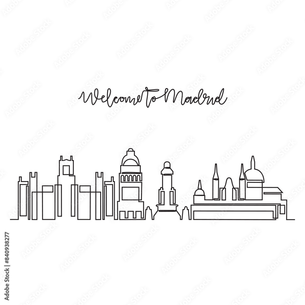 One continuous line drawing of Madrid skyline vector illustration. Modern city in Europe in simple linear style vector design concept. One of big city in Spain. Iconic architectural building design. One continuous line drawing of Madrid skyline vector illustration. Modern city in Europe in simple linear style vector design concept. One of big city in Spain. Iconic architectural building design.