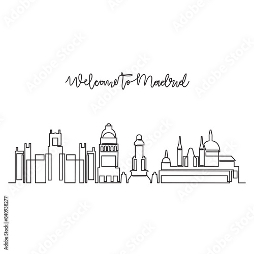 One continuous line drawing of Madrid skyline vector illustration. Modern city in Europe in simple linear style vector design concept. One of big city in Spain. Iconic architectural building design.