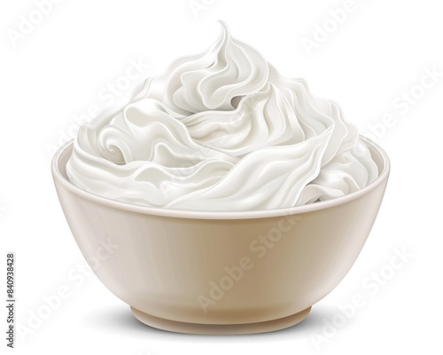 Bowl of Cream: Fresh Sour Cream or Yogurt Dip in White Background