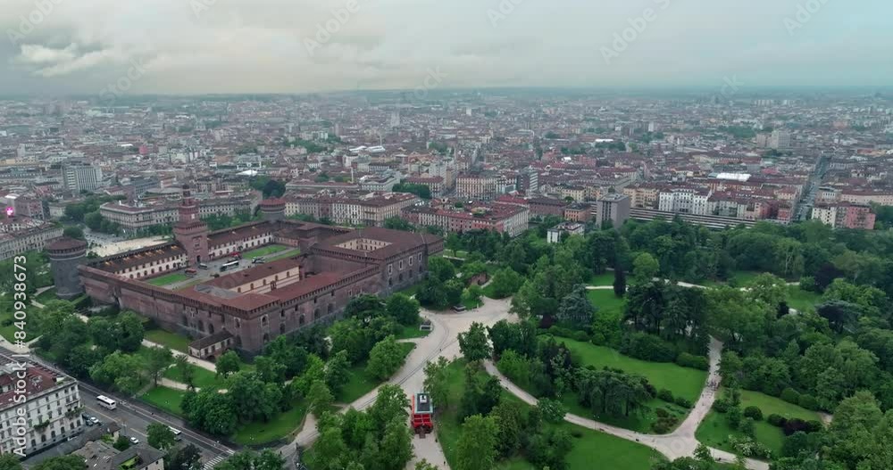 Sforza Castle: A Captivating Aerial Perspective of the Ancient Fortress and Its Surrounding Urban Parks in Milan's Tourist Center. High quality 4k footage Sforza Castle: A Captivating Aerial Perspective of the Ancient Fortress and Its Surrounding Urban Parks in Milan's Tourist Center. High quality 4k footage