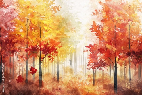 Autumn Painting. Watercolor Landscape of Soft and Colorful Forest with Yellow and Red Leaves on Trees