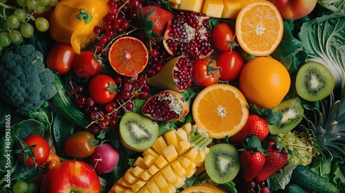 Close-up of ripe  juicy fruits and crisp vegetables arranged in a vibrant  appetizing composition