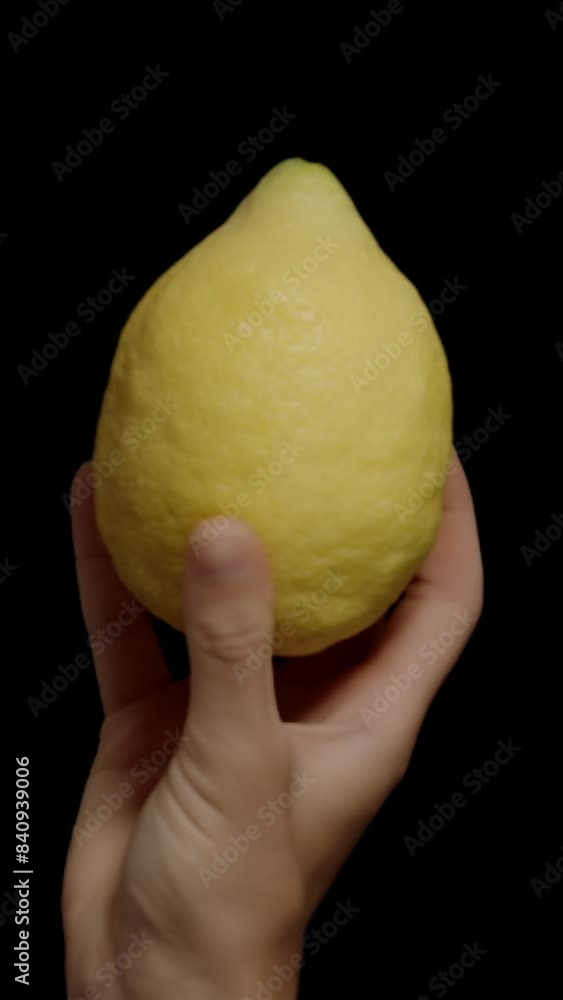 Vertical video. A Big Lemon Appears in a Woman's Hand from Below on a Black Background. Vertical video. A Big Lemon Appears in a Woman's Hand from Below on a Black Background.