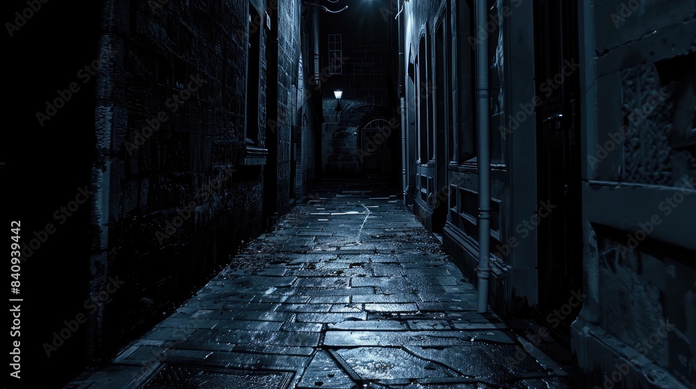 Eerie dark alleyway with ominous shadows, evoking a sense of mystery and suspense Eerie dark alleyway with ominous shadows, evoking a sense of mystery and suspense