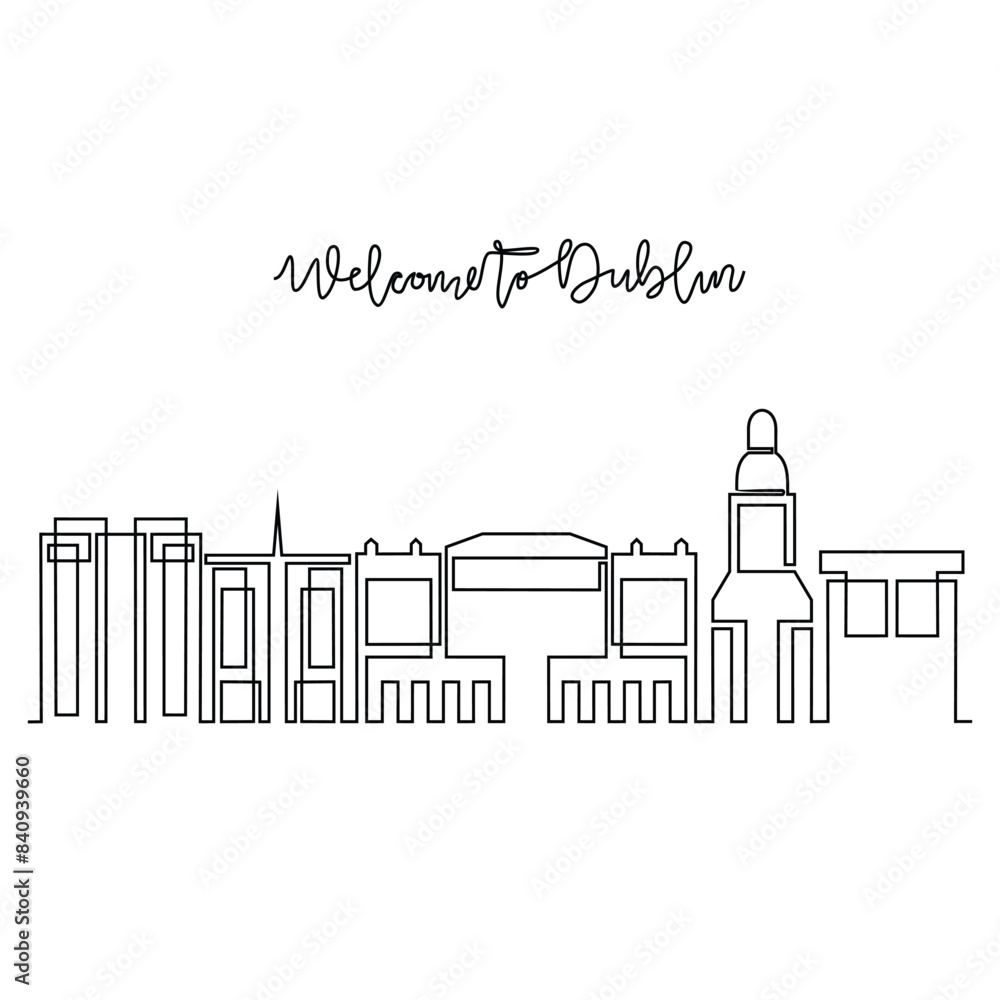 One continuous line drawing of Dublin skyline vector illustration. Modern city in Europe in simple linear style vector design concept. One of big city in Ireland. Iconic architectural building design. One continuous line drawing of Dublin skyline vector illustration. Modern city in Europe in simple linear style vector design concept. One of big city in Ireland. Iconic architectural building design.