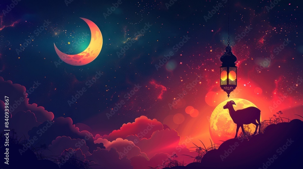 A goat is standing in front of a crescent moon