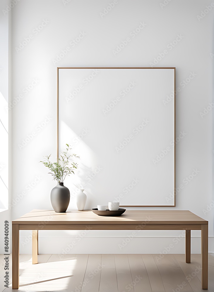 Mock up frame in home interior background, white room with natural wooden table and decor, 3d render Mock up frame in home interior background, white room with natural wooden table and decor, 3d render