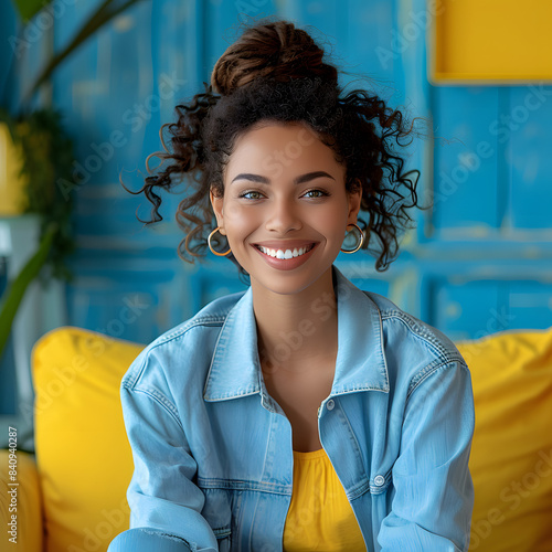 photo of nice lady sitting couch toothy smile wear blue shirt bright interior flat indoors isolated on white background  pop-art  png