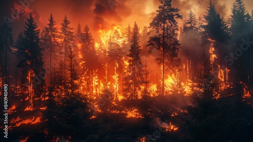 A dense forest is engulfed in flames during a fierce wildfire at night. The fire is burning brightly and the smoke is rising