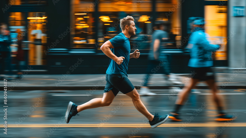 A focused man in a blue shirt runs along a city street, with the backdrop of a glowing storefront and a blur of motion, capturing the essence of an evening workout - Generative AI A focused man in a blue shirt runs along a city street, with the backdrop of a glowing storefront and a blur of motion, capturing the essence of an evening workout - Generative AI
