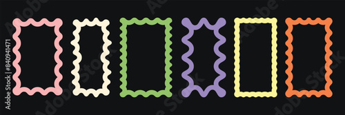 Color squiggle frames set. Zigzag wavy edges, retro frames, psychedelic rectangles, photo frames, mirror border. Vector groovy shapes set of wave borders.
