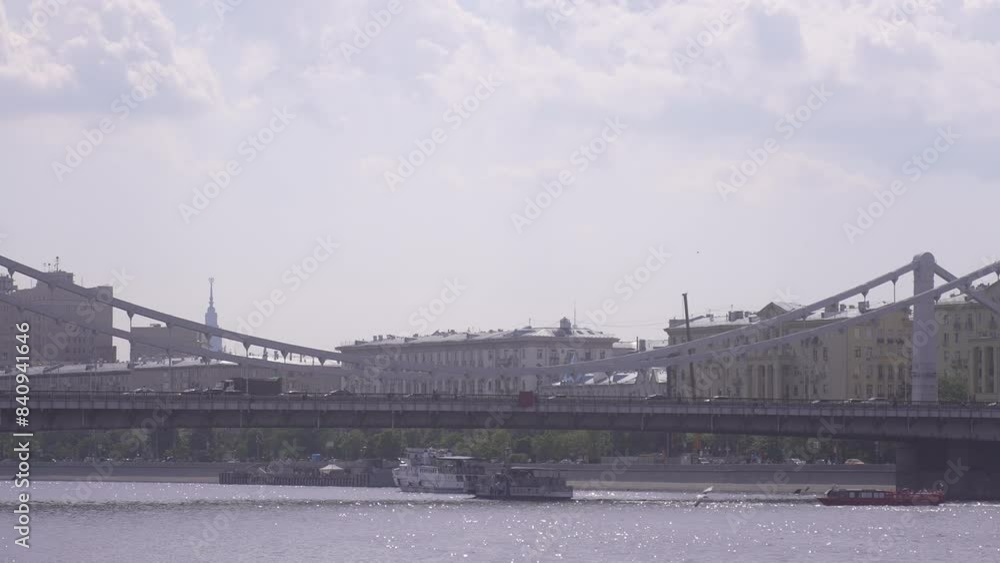 Scenic riverfront city view featuring an iconic bridge, boats in motion, and a picturesque skyline Scenic riverfront city view featuring an iconic bridge, boats in motion, and a picturesque skyline