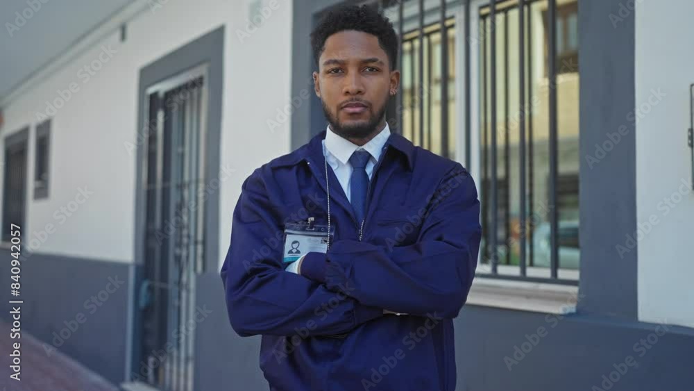 Confident african american man in uniform with id badge standing with arms crossed on a city street. Confident african american man in uniform with id badge standing with arms crossed on a city street.