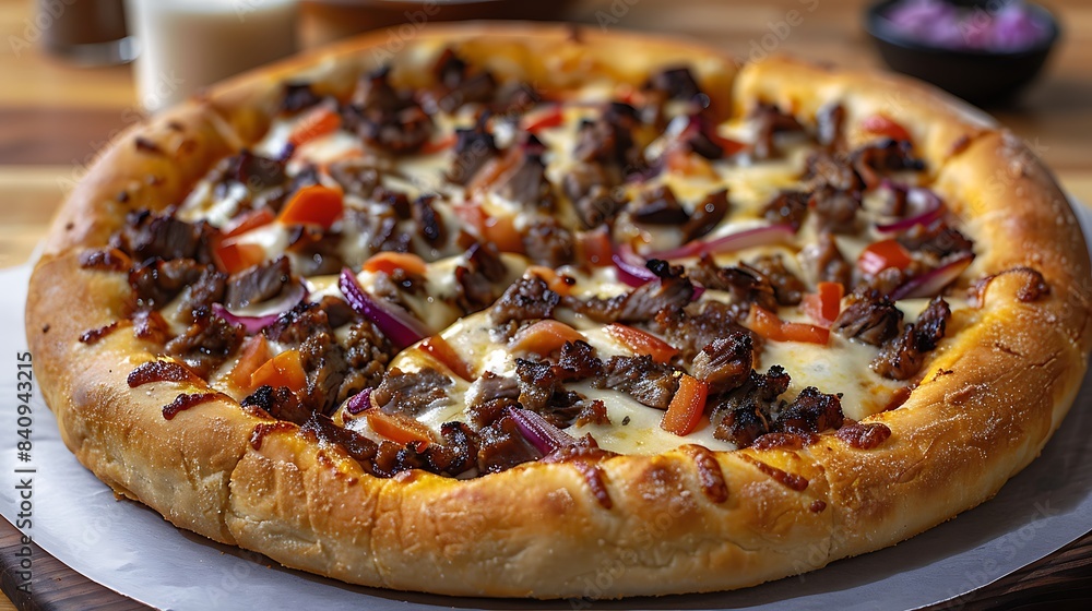 Philly cheesesteak stuffed crust pizza cut out on an isolated simple minimalist background Philly cheesesteak stuffed crust pizza cut out on an isolated simple minimalist background